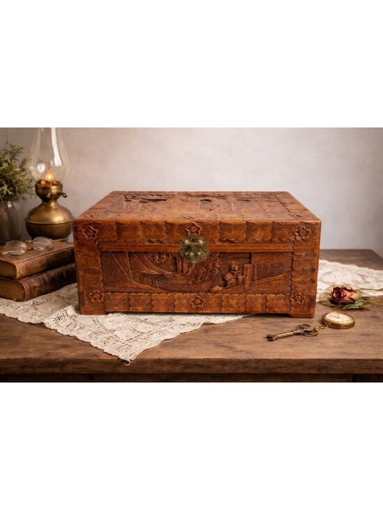 Hand Carved Other - Vintage Camphor Wood Asian Village Scene Tribal Folk Art Storage Box 12"